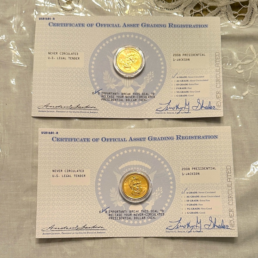 2 Andrew Jackson never circulated 2008 Presidential Dollar Coins w/Certificate